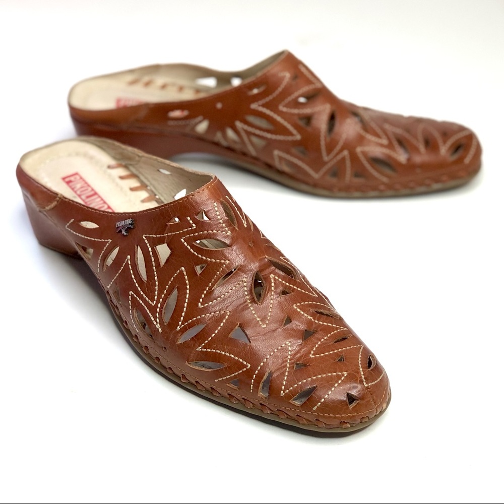 PIKOLINOS Brown Laser-Cut Leather Mules